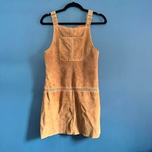 Vintage Suede Overall Dress Women's Size‎ Small Zero Zero Tan Brown Crochet Boho